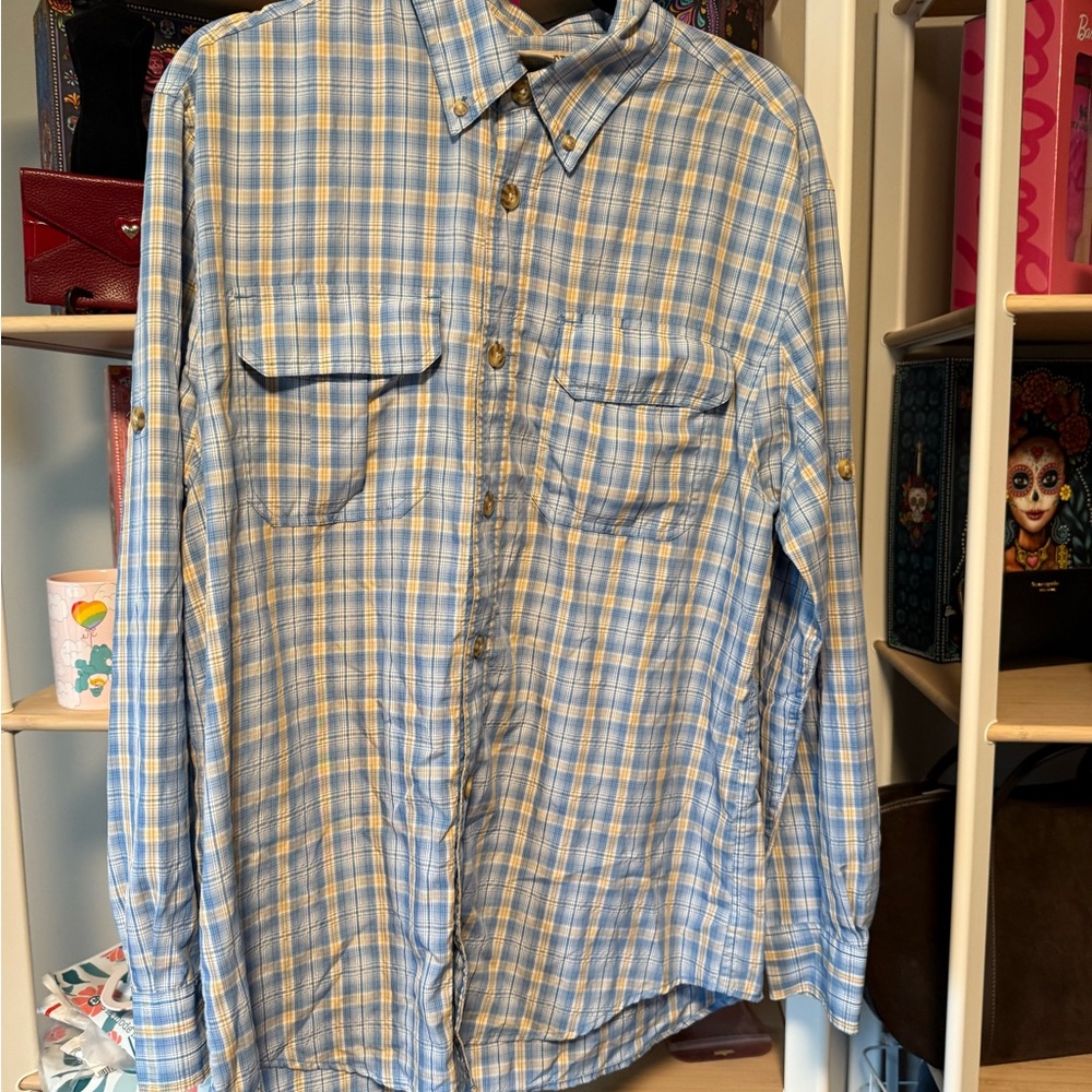 Duluth Trading Co Blue and Yellow Plaid Button Down Shirt Mens Size Medium GUC